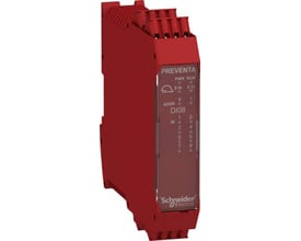 Schneider Electric XPSMCM udvidelsesmodul med 8 sikkerhedsindgange, 'DI08' mærket og grå/hvid front med LED-indikatorer.