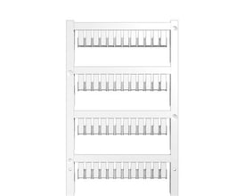 Weidmüller Klemmemærke blank ZS10/5MC, vist på en række af individuelle mærker monteret på en ramme.
