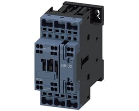 Siemens SIRIUS 3RT2 strømkontaktor set skråt forfra med grå front, 3 poler, 9 A og 230 V AC-spole.