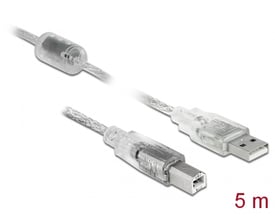 Delock USB 2.0 kabel med Type-A og Type-B stik, 5 meter langt og transparent, vist med ferrite ringe og tilslutningsstik.