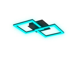 EGLO RGBIC loftlampe i sort med to firkantede, drejede rammer, der lyser blåt, med hvid baggrund.