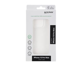 Essentials iPhone 15 Pro Max cover, transparent, lavet af 100% genanvendt TPU, vist i original emballage med produktinformation.