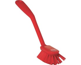 Rød Vikan opvaskebørste på 280 mm med praktisk skrabekant, ideel til rengøring af maskiner.
