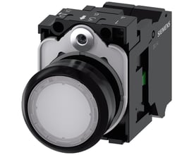 Siemens 22mm oplyst trykknap i hvid plastik med 1 NO kontakt og fjederklemme, viser enhedens front og side.