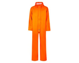 Lyngsøe Regndragt PU LR13-05 i orange, str. 4XL, vist forfra med fast hætte og dobbelt stormklap.