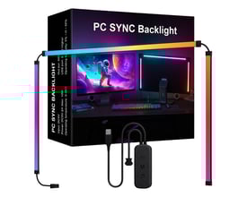 PC Sync LED strip og dens tilbehør, herunder USB-kabel og kontrolboks, vist med en farverig gradient effekt.