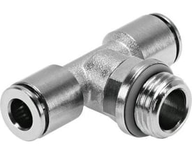 Festo T-forskruning NPQH-T-G38-Q12-P10 med push-in tilslutninger og gevind, udført i metal.