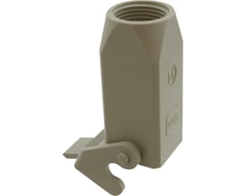 Harting HAN A 3A koblingsarmatur med M20 tilgang set fra siden, fremhæver den låsbare bøjle i grå polycarbonat.