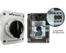 Katko EMC reparationsafbryder 3P+1, 80A, grå/sort med åbent kabinet, der viser interne komponenter og 3 separate PE-klemmer.