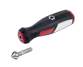 Ironside afgrater med 12 mm, 90° hoved og tre skær samt sort-rødt skruetrækkerhåndtag vist adskilt.