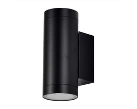 V-TAC VT-11015 rund væglampe i sort aluminium med dobbelte lysåbninger, monteret på hvid baggrund.