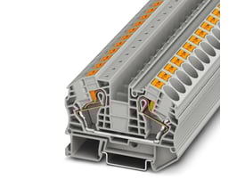 Tværsnit af Phoenix Contact gennemgangsklemme PT 16 N, der viser den interne push-in-mekanisme og 16mm² tilslutningsdiameter.