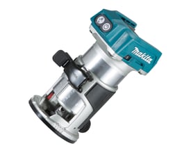 Makita Akku fræser DRT50ZJ 18V, vist isoleret på hvid baggrund med fokus på det blå håndtag og sølvfarvede metal.