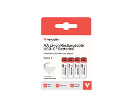 Emballage med Verbatim genopladelige AA-batterier type 30249 med USB-C-opladning og kabel.