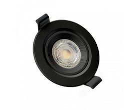 SpectrumLED Fiale Core spot GU10, en sort justerbar rund spotlampe med mål på Ø90x26mm og 75mm hulstørrelse.