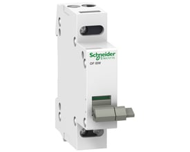 3/4 vinkel af Schneider Electric OF iSW hjælpekontakt i hvid, viser logo og betjeningsgreb på hvid baggrund.