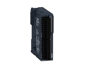 Schneider Electric Modicon TM3 DO16 relæmodul set forfra, tydeligt mærket med udgangsnumre og tilslutningsmuligheder.
