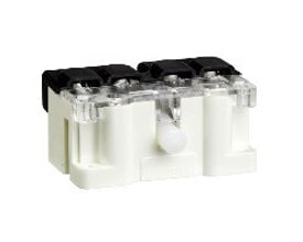 Schneider Electric microswitch arm med rulle til højre, hvid plast med klar top og sort terminal. Bruges i CMD busbar trunking.