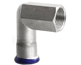 Unico overgangsvinkel i rustfrit stål med 22mm pressmuffe og 3/4" indvendigt gevind, klar til montering.