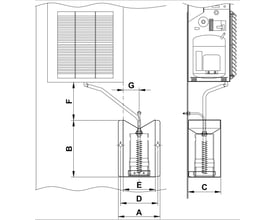 Schneider Electric NSYCUAD kondensationsenhed tekniske tegninger med dimensioner A, B, C, D, E, F og G vist.