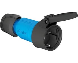 Bals slagfast udendørs schuko forlængerled i blå og sort, IP54, 16A, med åbent klaplåg der viser schuko jord.