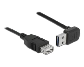 Sort Delock USB 2.0-forlængerkabel på 2 meter med EASY-USB-A-hanstik og USB-A-hunstik, vist med begge stik.