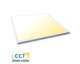 Hvidt LED-panel 60 × 60 cm med lysende flade set skråt forfra; CCT-markering viser justerbar farvetemperatur fra 3000 til 6500 K.