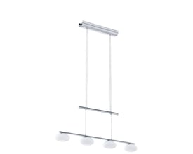 EGLO Aleandro 1 langbordspendel i krom med fire hvide glaslamper, vist på hvid baggrund.