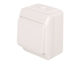 Hvid korrespondance afbryder med IP44-klassificering, 10A/250V, til udendørs og vådrumsbrug, med en trykknap øverst og en klap på fronten.