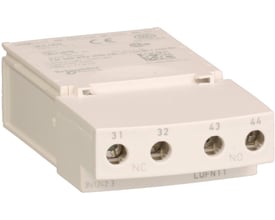 Schneider Electric Hjælpekontakt LUFN11, statisk type med 1 NO og 1 NC kontakt, vist med fronten fremad og mærkat detaljer synlige på lys baggrund.
