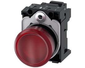 Siemens 22mm signallampe i rød med glat linse, der viser dens robuste plastikhus og interne komponenter.