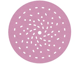 Tyrolit SIA 1950 SF sliberondel, 150mm diameter, kornstørrelse 320 med velcro og 57 støvhuller. Sliberondellen er lyslilla med mange små hvide prikker og streger.