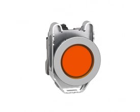 Detaljeret vinkel af Schneider Electric flush signallampe, der viser den orange LED-linse og metalrammens konstruktion.