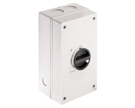 Kraus & Naimer EMC reparationsafbryder på 63 A med hvid plastkapsling og sort drejehåndtag, set skråt forfra.