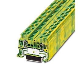 Detaljebillede af Phoenix Contact jordklemme ST 2,5mm², viser fjedertilslutningen og monteringsmekanismen.