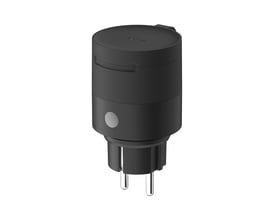 Sort Aqara Outdoor Plug H2 EU til udendørs brug med rund, cylindrisk form og to synlige stikben.