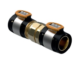 Geberit FlowFit union 50mm i blyfri siliciumbronze med messingdetaljer og orange låseclips, vist fra siden.