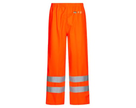 Lyngsøe Rainwear FR-LR52 flammehæmmende Hi-vis-regnbuks i orange, størrelse 5XL, set forfra med elastisk talje og refleksbånd.