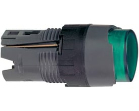 Schneider Electric Lampetryk ZB6AE3 med grøn linse og mørkegrå plasthus, vist fra siden med synlige monteringsdetaljer.