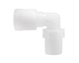 Hvid PVDF vinkelkobling 90° med udvendigt gevind og konisk gevind til 10/8 mm rør, egnet til 10 bar og op til 121°C sterilisering.