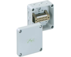 Spelsberg klemrækkekasse med 8-polet klemme, 94 x 94 x 57 mm, vist åben med låget foran.