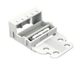 Wago adapter til 5-lederklemmer, hvid, med udklappelig bundplade til skruemontering af 4 mm² ledere.