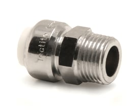 VSH Tectite overgangsnippel i krom med 15 mm tilslutning og ½" gevind på hvid baggrund.