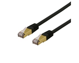 DELTACO S/FTP Cat6a patchkabel på 1 meter i sort, med gyldne RJ45-stik og halogenfri LSZH-kappe.
