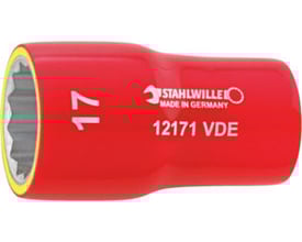 Stahlwille VDE topnøglehoved, 14 mm, rød med gul kant og logo for VDE-isolering.