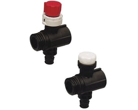 Uponor Vario PLUS fordelerrørssæt med én kreds til gulvvarme, et med rød justeringsknap og et med hvid prop.