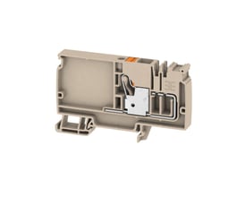 Detaljeret billede af Weidmüller forsyningsklemme med push-in teknologi, visende den beige kappe og orange kontakt.