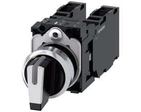 Siemens Sirius Act vælgerkontakt med lysbar, 22 mm, i ru metal med højglans hvid betjeningsknap og sorte kontakter.