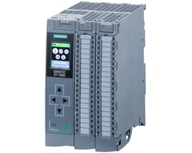 Siemens SIMATIC S7-1500 kompakt CPU 1511C-1 PN med skærm, digitale og analoge indgange/udgange på grå baggrund.