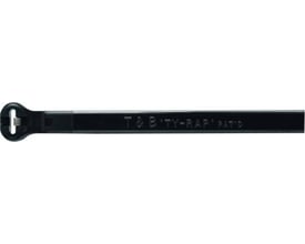 Sort ABB-kabelbinder med ståltunge, 2,4 x 92 mm, med låsehoved til venstre og båndet strakt mod højre.